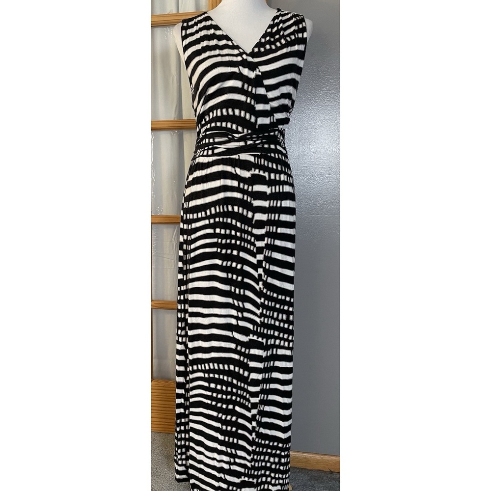 The Limited Blocked Stripes Maxi Dress XL Black White Ruched Waist V Neck Beach